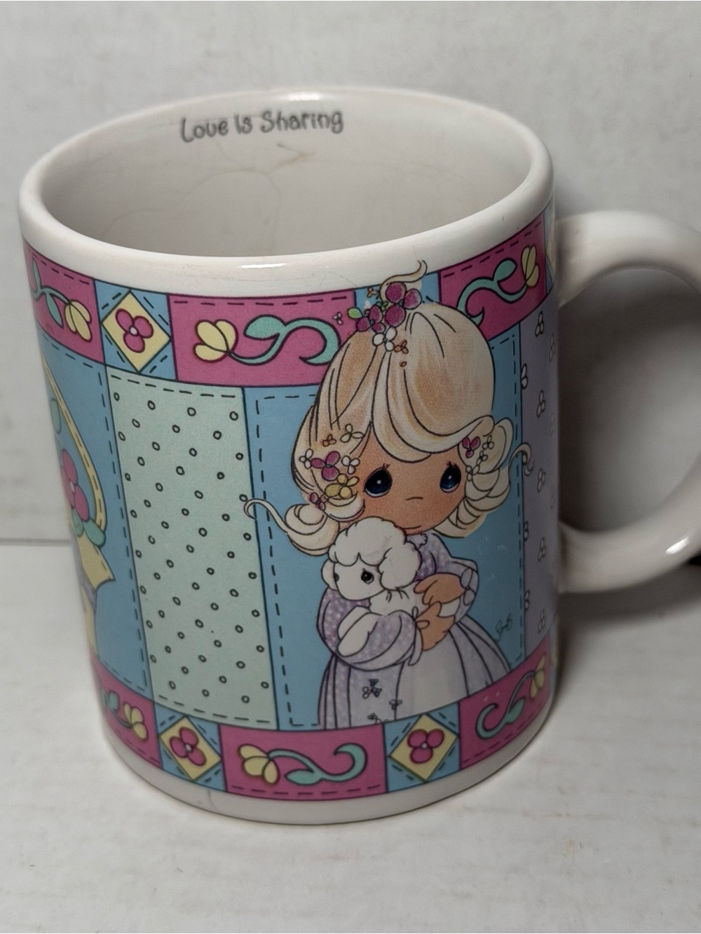 Vintage 1998 Precious Moments Love is Sharing Pink Girl Lamb Coffee Mug